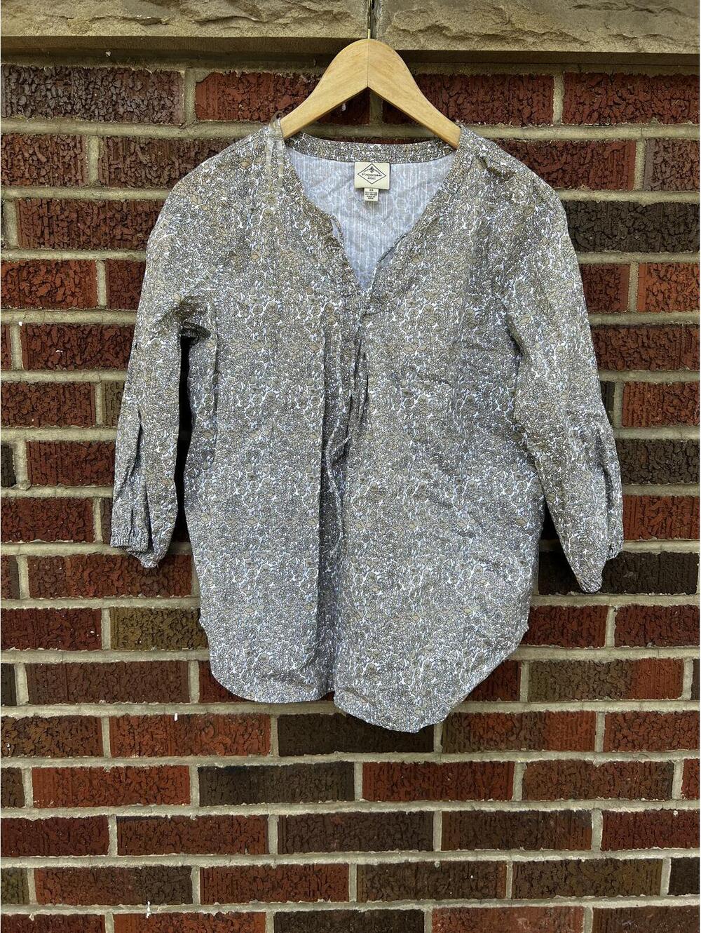 St. John’s Bay Tan and Black Floral Line Long Sleeve Linen Peasant Top - Picture 1 of 4